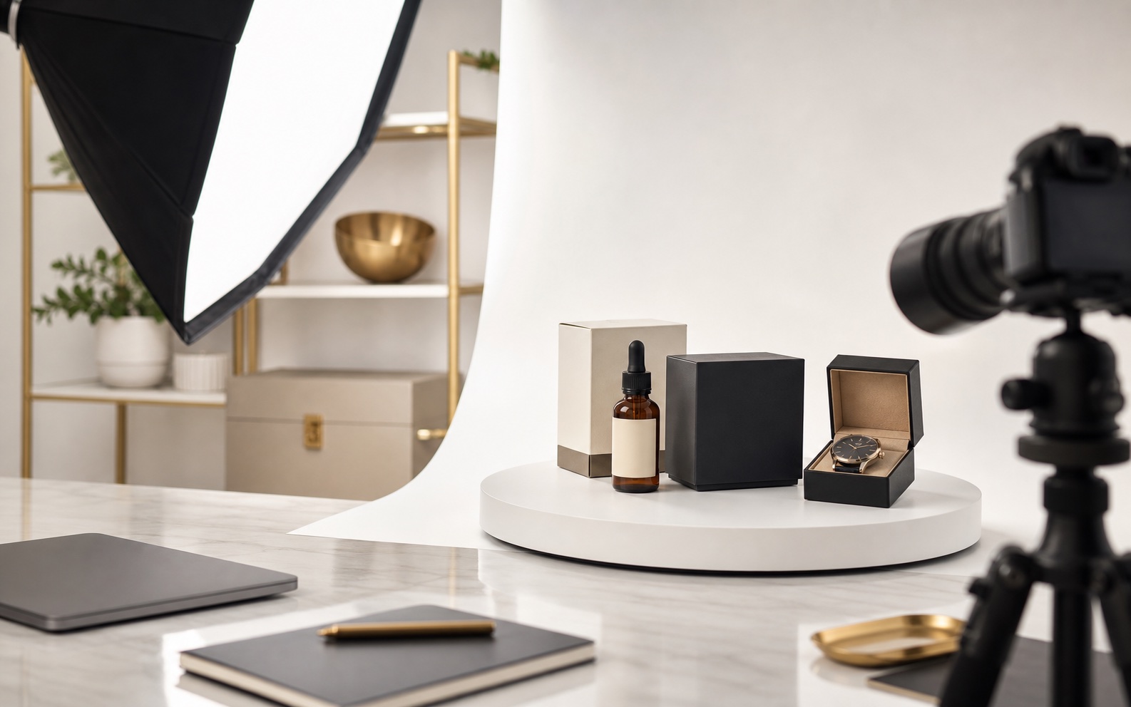 Product photography setup with camera, turntable, and products